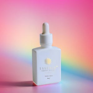 May include: A white square bottle with a dropper top. The bottle has gold text that reads "ESSENCE EMBODY DIVINE" and "SIDERIC DROPS". The background is a gradient of pink, purple, and yellow.