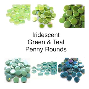 May include: A collection of iridescent green and teal penny round glass tiles. The tiles are smooth and have a slightly textured surface. They are perfect for adding a touch of color and sparkle to any project.