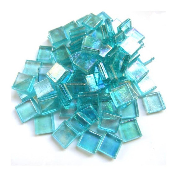 10mm (3/8") Mini Aqua Blue-Green Iridescent Transparent Glass Mosaic Tiles //Mosaic Tiles// Mosaic Surplus