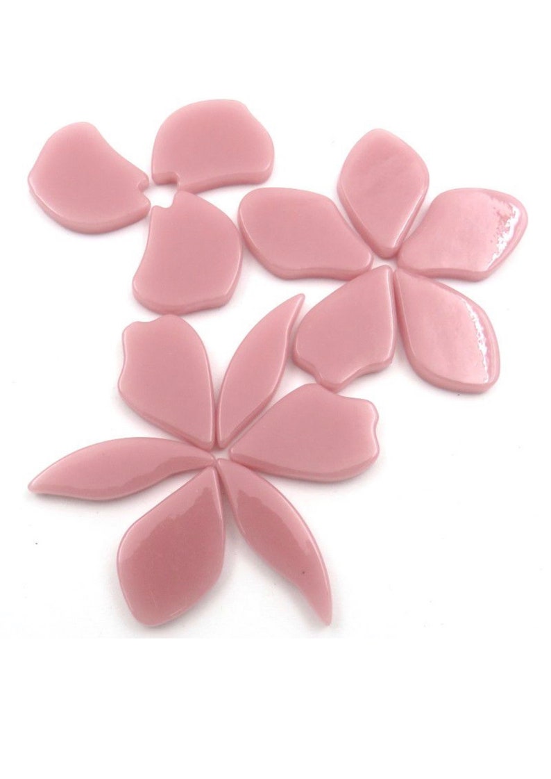 Pu&ograve; includere: Una collezione di petali di fiori in vetro rosa, perfetti per l'artigianato o progetti di mosaico.