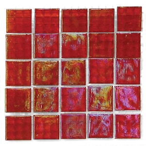 May include: A sheet of red iridescent mosaic tiles. Each tile is approximately 1 inch square.
