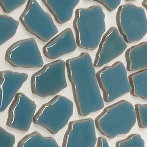 May include: Close-up of a mosaic tile pattern. The tiles are irregular shapes in a glossy, light blue color with a brown border. The tiles are arranged on a white background, creating a textured surface.
