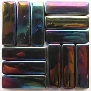 May include: A set of ten iridescent black rectangular glass tiles. The tiles have a smooth, glossy finish and are arranged in a staggered pattern.