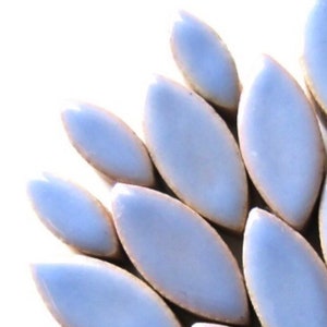 May include: A close-up of a collection of light blue ceramic tiles shaped like elongated ovals. The tiles are arranged in a fan-like pattern, with the tips of the tiles pointing towards the center.