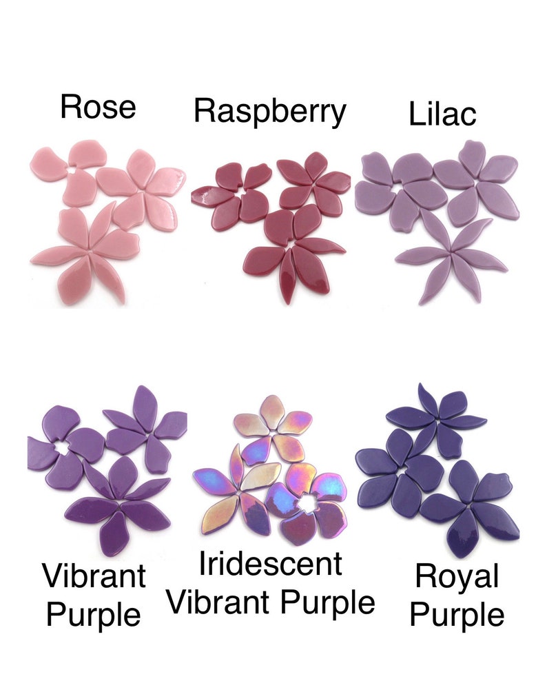 Pu&ograve; includere: Assortimento di piastrelle di mosaico a forma di fiore in vetro in varie tonalit&agrave; di viola, rosa e rosso. Le piastrelle hanno la forma di fiori a cinque petali. I colori sono etichettati come "Rosa", "Lampone", "Lilla", "Viola Vibrante", "Viola Vibrante Iridescent" e "Viola Reale".
