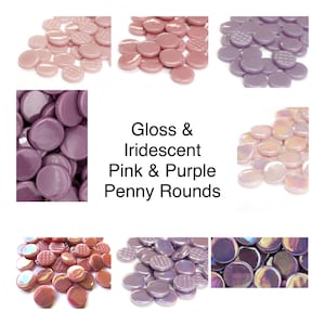 May include: Assortment of iridescent pink and purple glass penny rounds. The glass rounds have a glossy finish and are perfect for crafts and home decor.