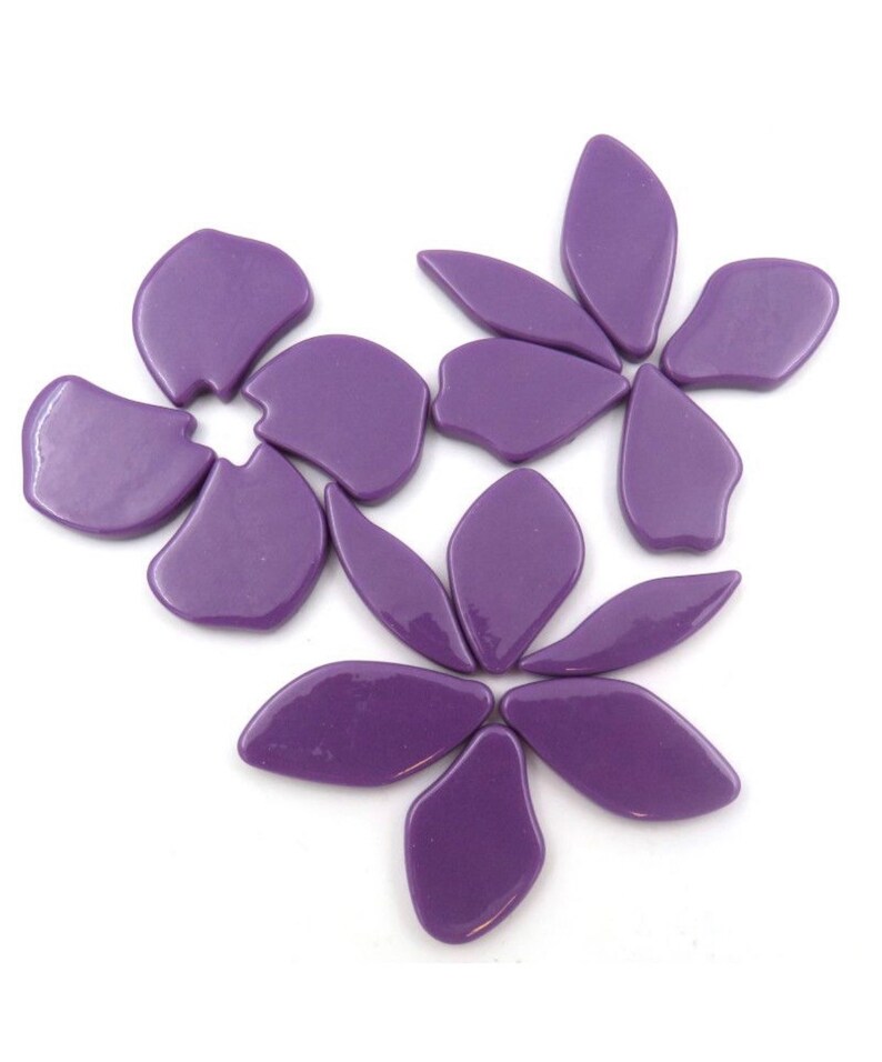 Pu&ograve; includere: Tessere di mosaico di fiori in vetro viola. Le tessere hanno la forma di petali e sono disposte a forma di fiore.