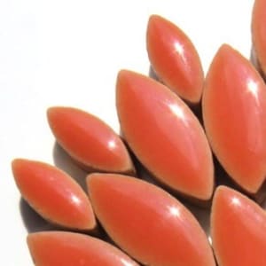 May include: A collection of coral-colored ceramic tiles in the shape of elongated ovals. The tiles are arranged in a fan shape, with the largest tile at the top and the smallest tiles at the bottom.