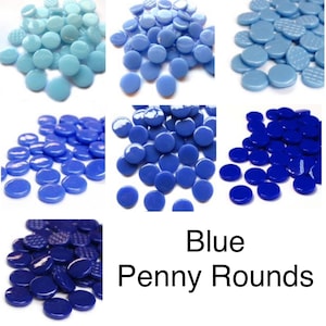 May include: Assortment of blue glass penny rounds in various shades of blue, including light blue, medium blue, and dark blue. The penny rounds are smooth and shiny.