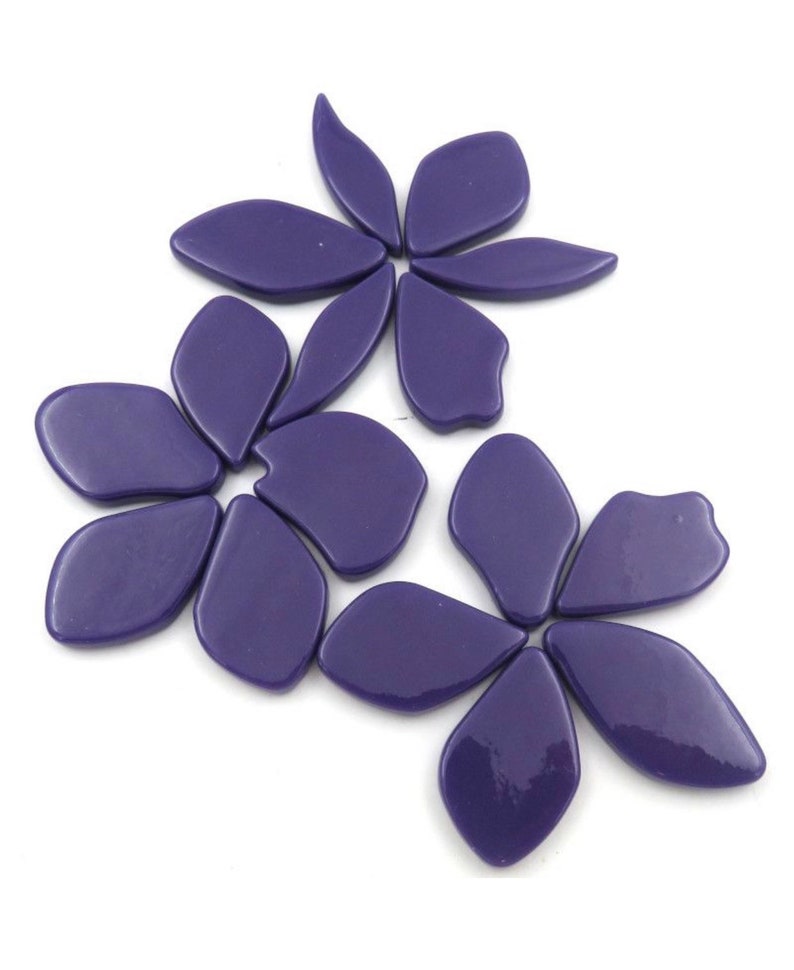 Pu&ograve; includere: Un set di piastrelle a mosaico di fiori in vetro viola. Le piastrelle hanno la forma di petali e sono disposte a forma di fiore.