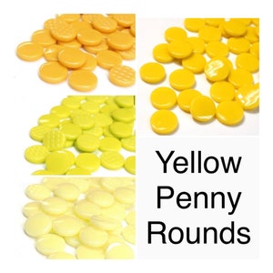 May include: Assortment of yellow penny round glass tiles in four different shades: light yellow, medium yellow, dark yellow, and a pale yellow.  The tiles are smooth and glossy.  Yellow Penny Rounds.