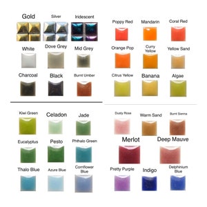 May include: A chart of 30 different colored ceramic tiles, each with a unique name. The tiles are arranged in rows and columns, with the names of the colors listed above each tile.