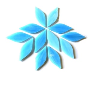 May include: A set of twelve light blue glass mosaic tiles shaped like petals. The tiles are arranged in a starburst pattern.