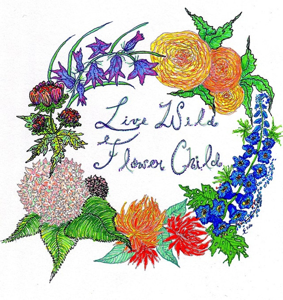 Live Wild Flower Child Handdrawn Illustration Poster Hippie Etsy