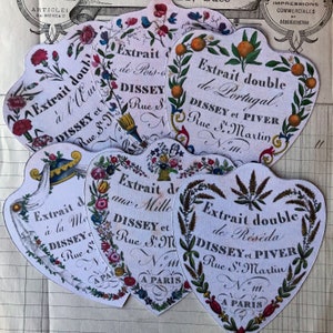 Early 19th Century French Empire Era Perfume Labels Josephine Napoleon Georgian Jane Austen Era Heart Shape Printed Paper Cards Tags