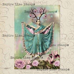 PRINTED Card Original Art 'Mystical Dancer' Digital Collage Exotic Surreal Blue Green Pink Gypsy Flowers Roses
