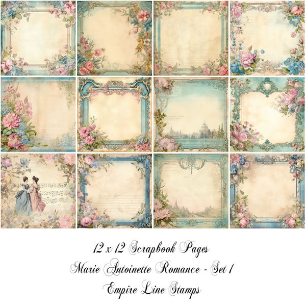 Marie Antoinette Themed Romantic Pink and Blue Versailles 12x12 inch Full Size Papers Downloadable Printable Scrapbook Paper Crafts Set 1