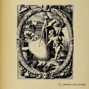 May include: A black and white engraving of a cherub using a compass to draw a circle on a heart-shaped object. The cherub is surrounded by a decorative frame with flowers and leaves.