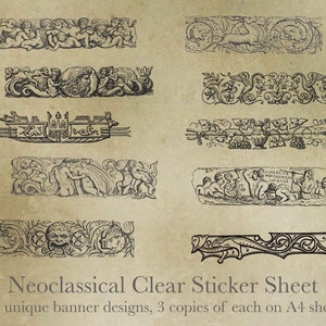Self Adhesive Transparent Clear Sticker Decal Sheet Neoclassical Banners Headers French Early 19th Century Cut Yourself Whole Sheet Glossy