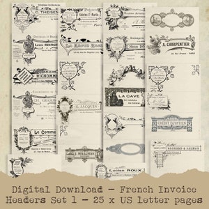 Set di 25 documenti di intestazione di fattura francese con sfondo di carta vecchia senza fodera formato lettera americana SET 1