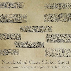 Self Adhesive Transparent Clear Sticker Decal Sheet Neoclassical Banners Headers French Early 19th Century Cut Yourself Whole Sheet Glossy