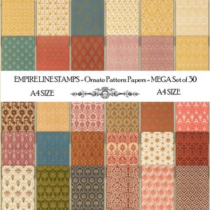May include: A collage of 30 digital paper designs featuring ornate patterns in various colors, including red, gold, blue, and green. The papers are labeled "EMPIRE LINE STAMPS - Ornate Pattern Papers - MEGA Set of 30" and "A4 SIZE".