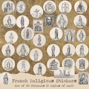 Stickers Peel and Stick Vintage Franse religieuze motief Mary Jesus Stickers 33 Design op 2 vellen (3 exemplaren van elk) Zelfklevend