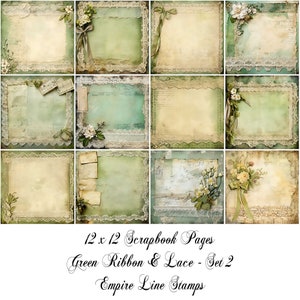 Romantisches Grünes Band und Spitze 12x12 Zoll Volle Größe Papiere Herunterladbare druckbare Scrapbook Papier Handwerk Set 2
