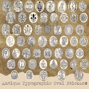 Adesivos de símbolos tipográficos vintage ovais 53 designs