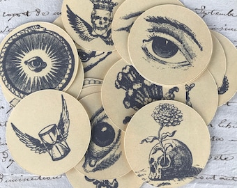 Antique Style Magical and Mystical Tags Round Cards Eyes Snakes Hands Skulls Macarbe Gothic Edgy