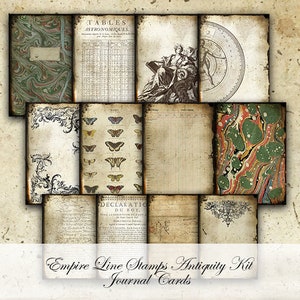May include: A set of 10 vintage journal cards featuring antique illustrations and text. The cards are printed on aged paper with a distressed look. The images include a table of astronomical data, a butterfly illustration, a marbled paper design, and a decorative border.