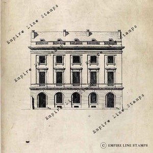 May include: A black and white line drawing of a building with a classical facade. The building has a series of arched windows and a decorative cornice. The drawing is labeled "Empire Line Stamps" at the top and bottom.