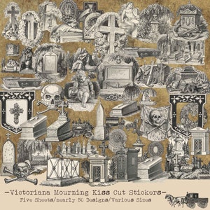Victoriana Luto Funeral Tumba Cruz Coche fúnebre Gótico Macabro Fussy Cut Pegatinas Monocromo Conjunto de cinco hojas Casi 50 diseños