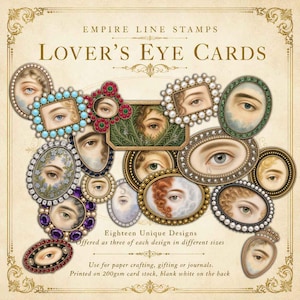 May include: A collection of vintage-style Lover's Eye Cards. The cards feature detailed illustrations of eyes in various frames, including oval, rectangular, and circular shapes. The text reads "EMPIRE LINE STAMPS" and "LOVER'S EYE CARDS".