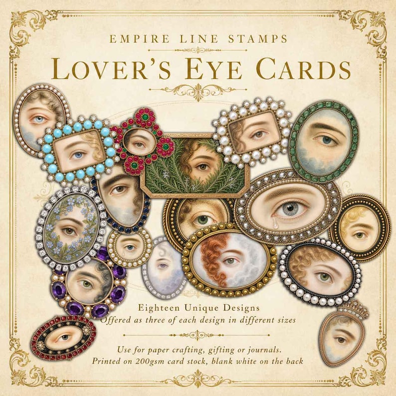 May include: A collection of vintage-style Lover's Eye Cards. The cards feature detailed illustrations of eyes in various frames, including oval, rectangular, and circular shapes. The text reads "EMPIRE LINE STAMPS" and "LOVER'S EYE CARDS".