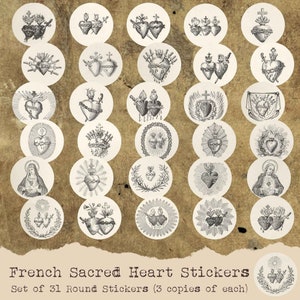 Adesivi Stacca e incolla Motivi vintage francesi del Sacro Cuore su adesivi rotondi 31 disegni su 2 fogli (3 copie di ciascuno) autoadesivi