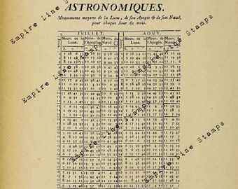 May include: A black and white chart titled "Tables Astronomiques" with columns labelled "Jours", "Mouv. de la Lune", "Mouv. de l'Apogée", and "Mouv. du Nœud" for the months of July and August. The chart shows the movement of the moon, apogee, and node for each day of the month.
