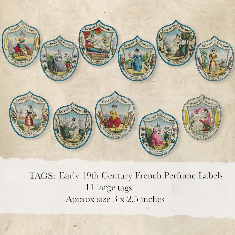 May include: Eleven vintage perfume labels from the early 19th century. Each label is a shield-shaped design with a blue border and a white interior. The labels feature illustrations of women in various poses, surrounded by floral motifs. The text on the labels reads "Extrait de..." followed by the name of the perfume, such as "Ambre", "Ambroisie", and "Bouquet". The labels are approximately 3 inches by 2.5 inches.