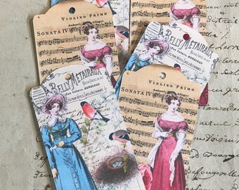 Antique Style Jane Austen Ephemera Georgian Style Tags with Birds Nests and Flowers