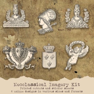 Éléments KIT Français Imagerie néoclassique Coupe-bêtise Feuilles d’autocollants imprimées Six Design Plus de 20 éléments Journal éphémère