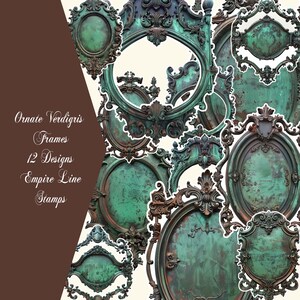 May include: Twelve ornate, antique-looking, green metal frames with intricate details. The frames are arranged in a collage and are perfect for adding a vintage touch to your projects.