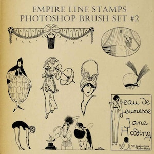 May include: A collection of black and white illustrations in the Art Deco style. The image includes drawings of women in various poses, decorative elements, and text that reads "EMPIRE LINE STAMPS PHOTOSHOP BRUSH SET #2" and "Eau de Jeunesse Jane Hading".
