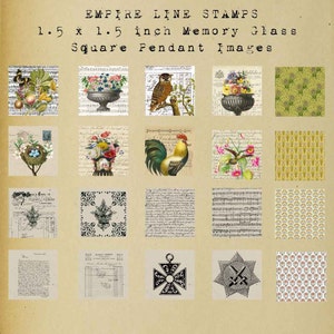 May include: A collage of 16 images, each measuring 1.5 inches by 1.5 inches, featuring various designs including floral arrangements, birds, a rooster, a hummingbird, musical notes, and geometric patterns. The images are presented on a beige background with the text "EMPIRE LINE STAMPS 1.5 x 1.5 inch Memory Glass Square Pendant Images".