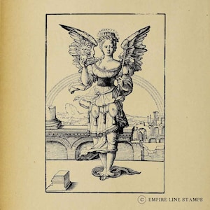 May include: A black and white illustration of a winged angel standing on a snake. The angel is holding a heart in one hand and a staff in the other. The angel is wearing a crown and a long dress. The background is a cityscape with a bridge and buildings.