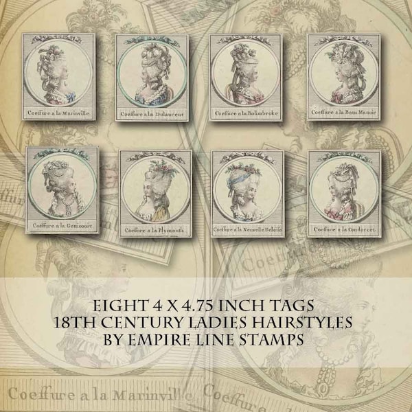18th Century Women's Hairstyles 4x4.75in tags Set 2  Backgrounds for ATC Downloadable Printable Scrapbook Paper Crafts Tags