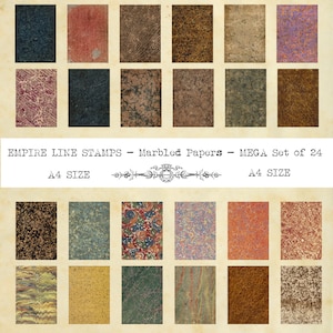 May include: A collection of 24 A4 size marbled papers in various colors and patterns. The papers feature textures and designs, including swirls, speckles, and veining. The text "EMPIRE LINE STAMPS - Marbled Papers - MEGA Set of 24" is displayed.