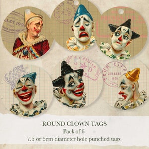 Antique Style Clown Circus Ephemera Round Tags TWO Sizes