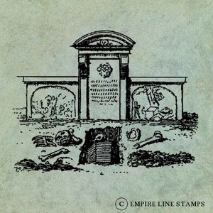 Cementerio con calaveras y huesos - Sello claro de estilo antiguo 1/20