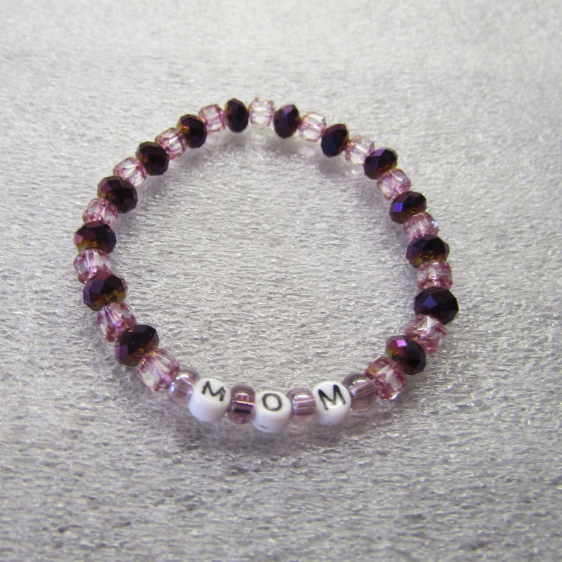 Czech Crystal Beads Gold Trim Pink Beaded Bracelet Mother/'s Day Cathedral Beads Purple Pretty MOM Stretch Cord Glass Letter Beads