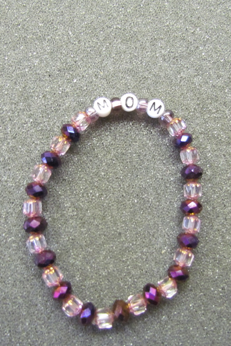 Czech Crystal Beads Gold Trim Pink Beaded Bracelet Mother/'s Day Cathedral Beads Purple Pretty MOM Stretch Cord Glass Letter Beads